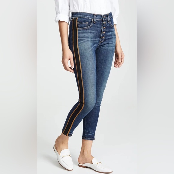 NEW Veronica Beard Crop Slim Fit Button Fly Tuxedo Stripe Jeans in Dark Wash - Picture 2 of 12